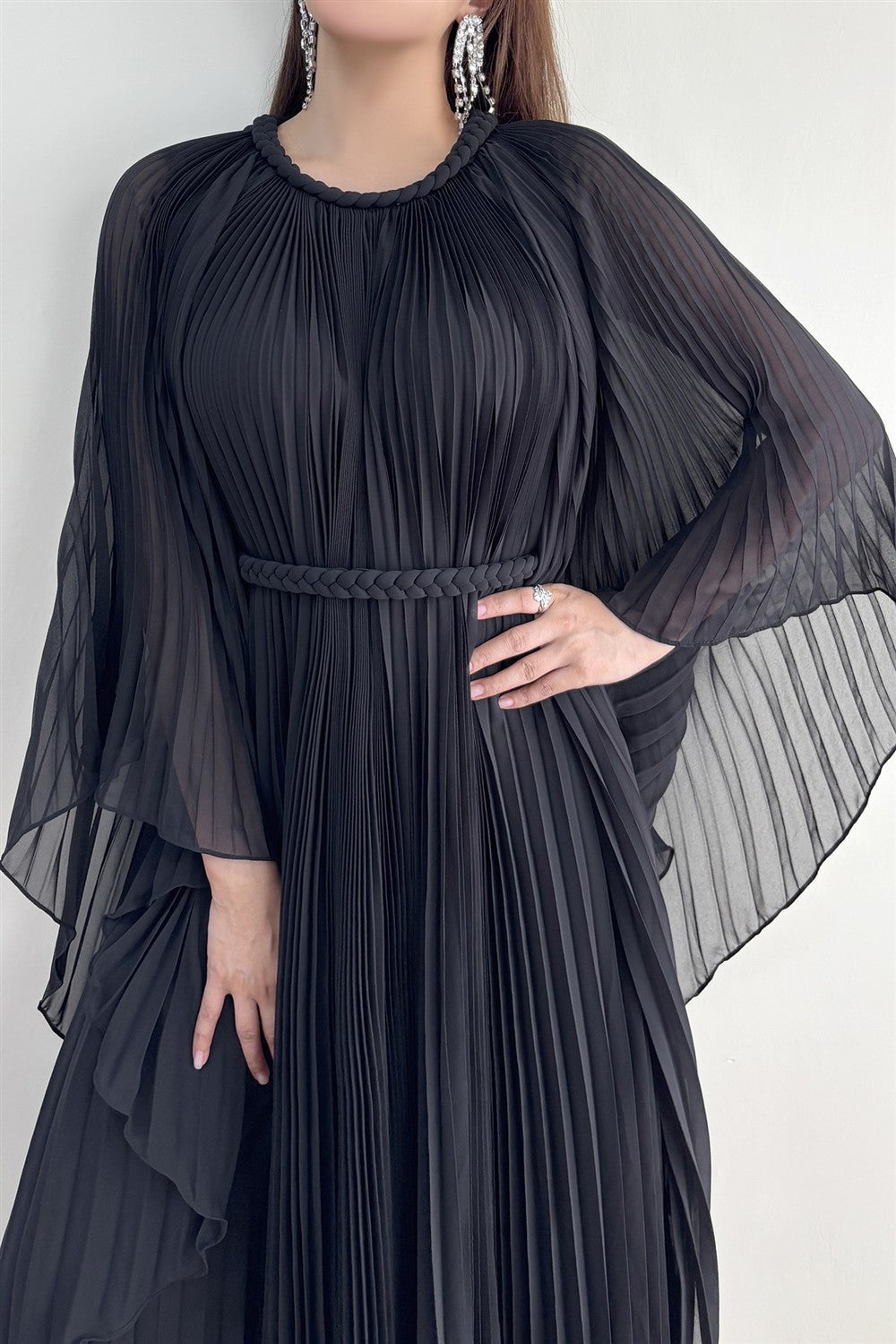 Celeste Pleated Cape Maxi Dress – Elegant Modest Silhouette