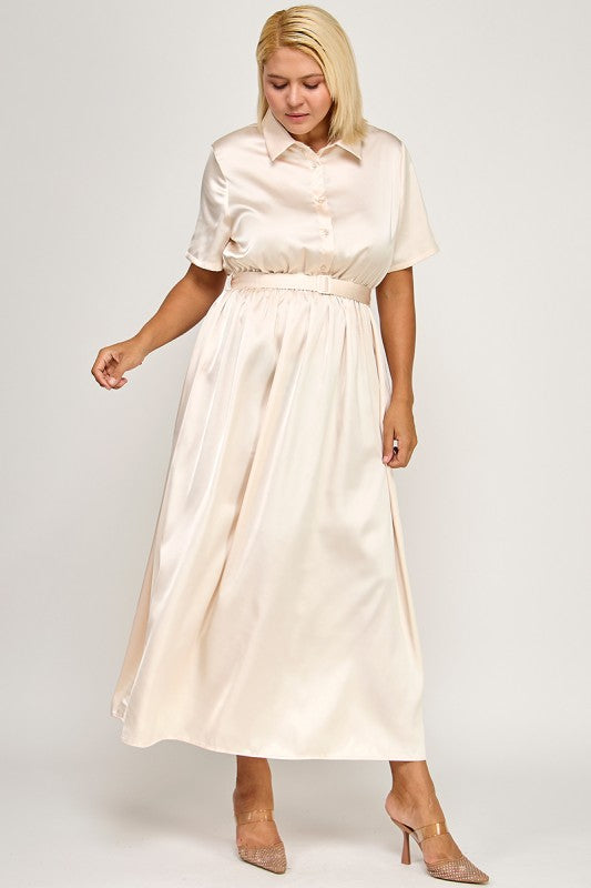 Satin Belted Midi Pleated Dress – Luxe Modest Edition