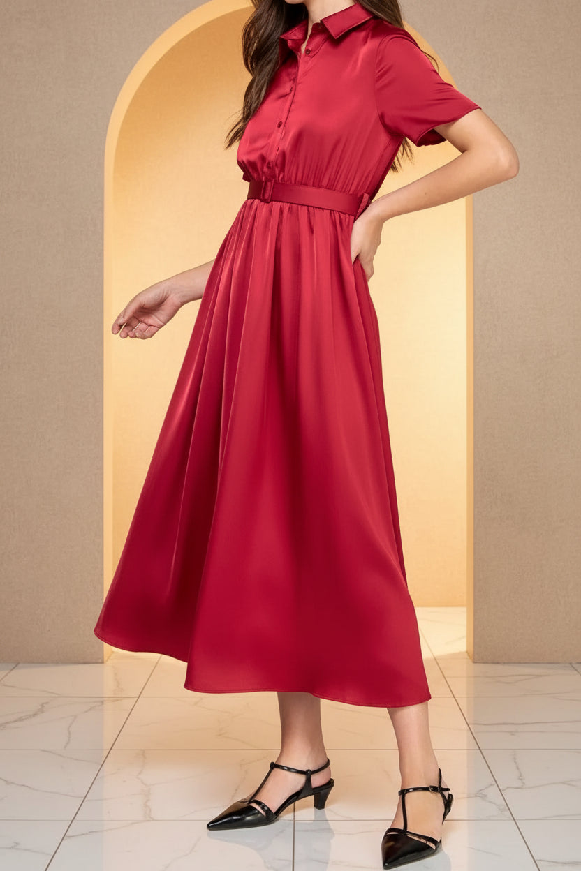 Satin Belted Midi Pleated Dress – Luxe Modest Edition