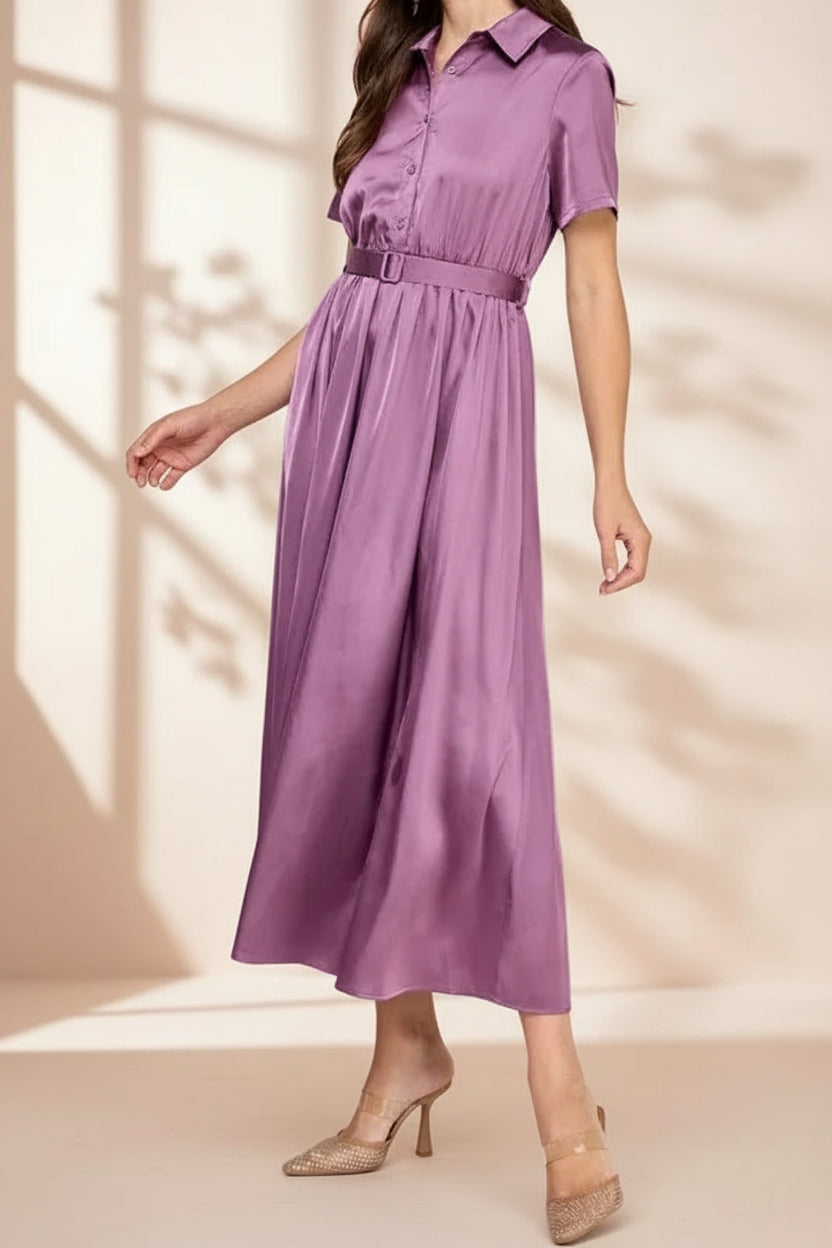 Satin Belted Midi Pleated Dress – Luxe Modest Edition
