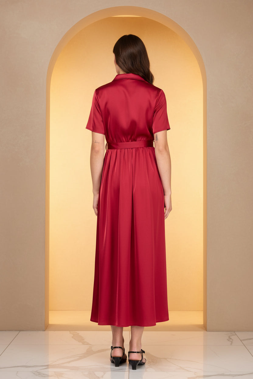 Satin Belted Midi Pleated Dress – Luxe Modest Edition