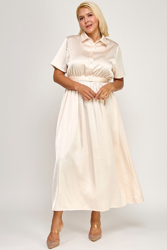 Satin Belted Midi Pleated Dress – Luxe Modest Edition