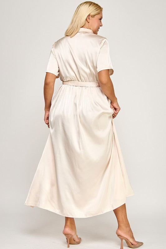 Satin Belted Midi Pleated Dress – Luxe Modest Edition