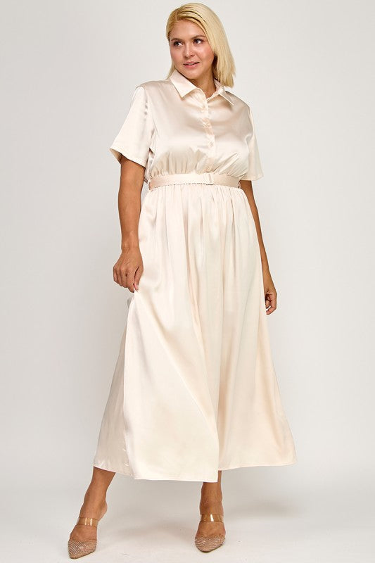 Satin Belted Midi Pleated Dress – Luxe Modest Edition