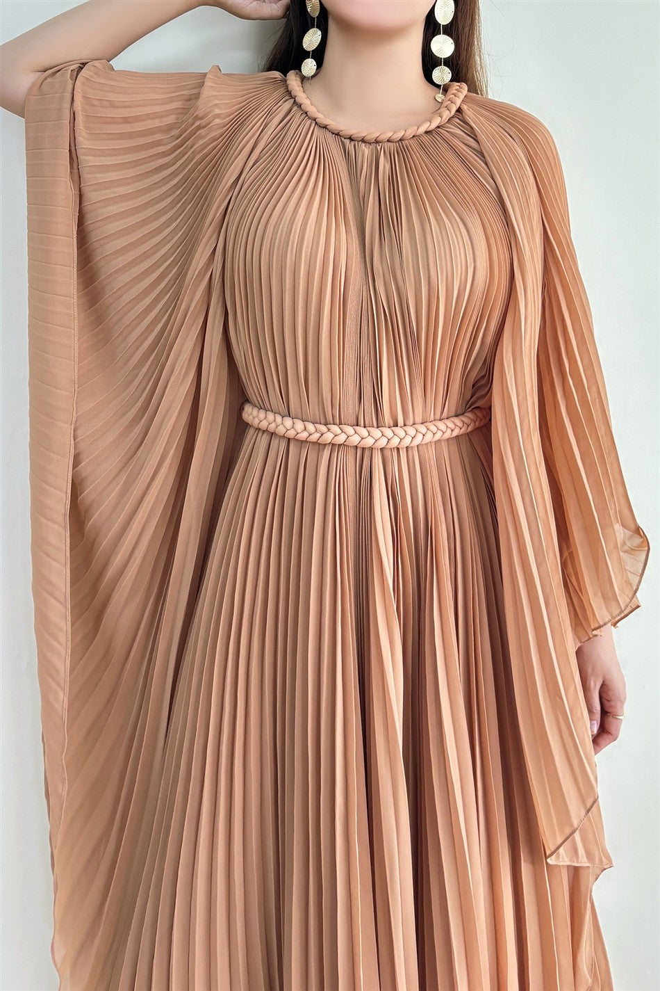 Celeste Pleated Cape Maxi Dress – Elegant Modest Silhouette