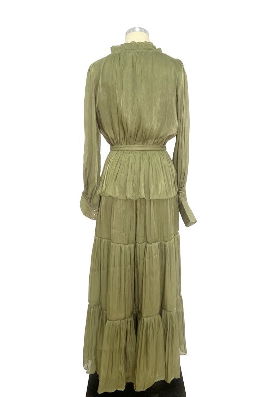 Tiered Pleated Chiffon Maxi Dress