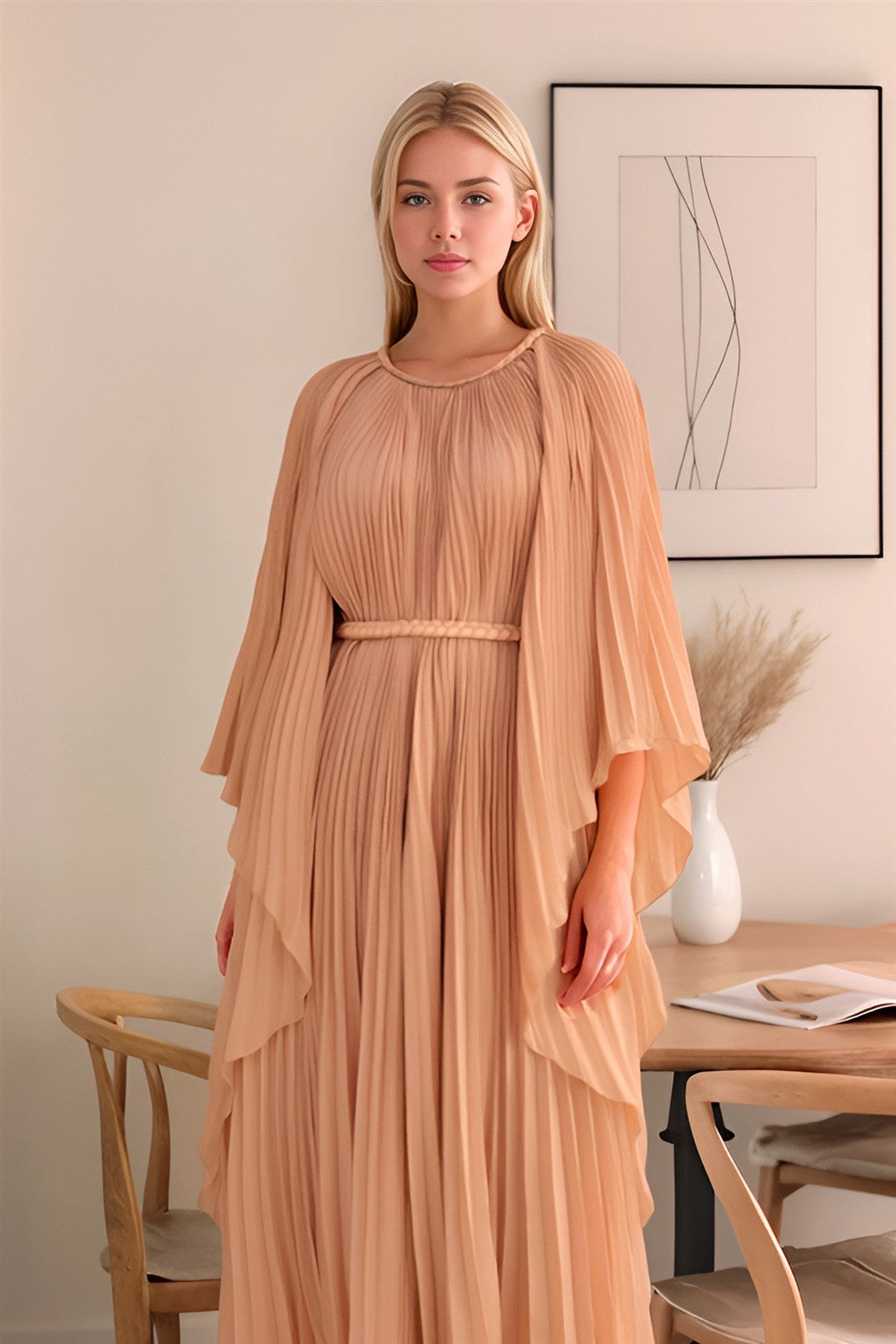 l idée eiffel cape pleated maxi dress Celeste Pleated Cape Maxi Dress – Elegant Modest Silhouette