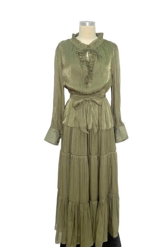 Tiered Pleated Chiffon Maxi Dress