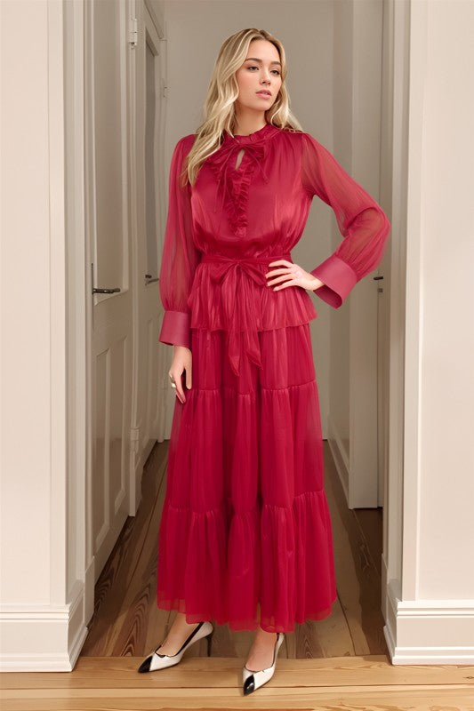 Tiered Pleated Chiffon Maxi Dress