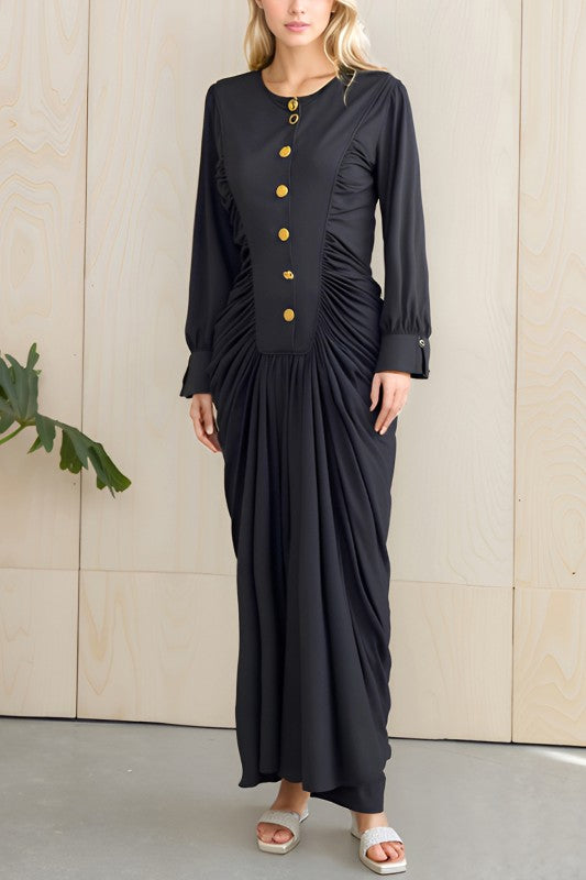 Draped Maxi Dress With Gold Buttons
