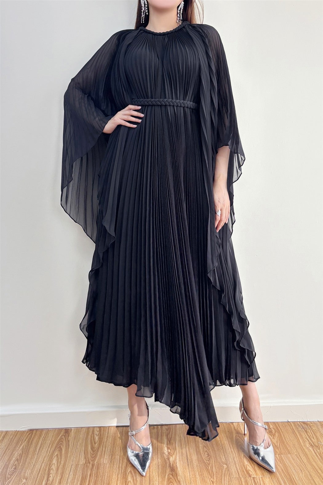 l idée eiffel cape pleated maxi dress Celeste Pleated Cape Maxi Dress – Elegant Modest Silhouette