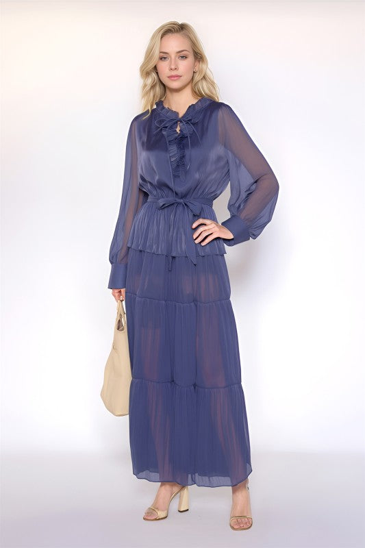 Tiered Pleated Chiffon Maxi Dress