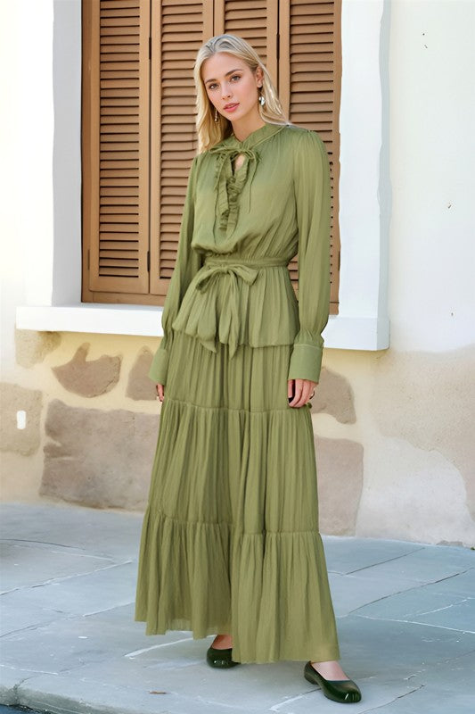 Tiered Pleated Chiffon Maxi Dress