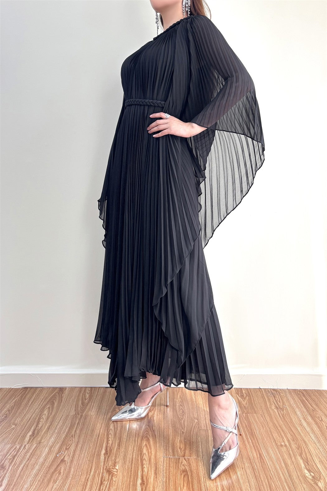 Celeste Pleated Cape Maxi Dress – Elegant Modest Silhouette