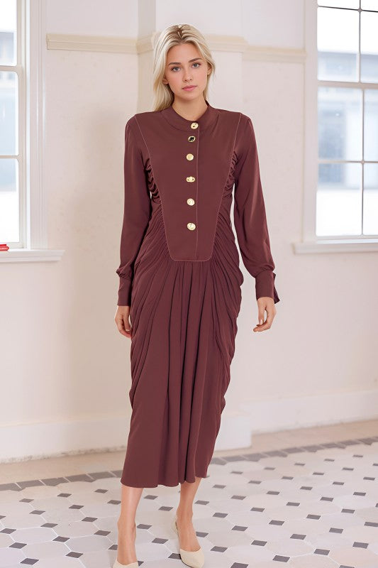 Draped Maxi Dress With Gold Buttons