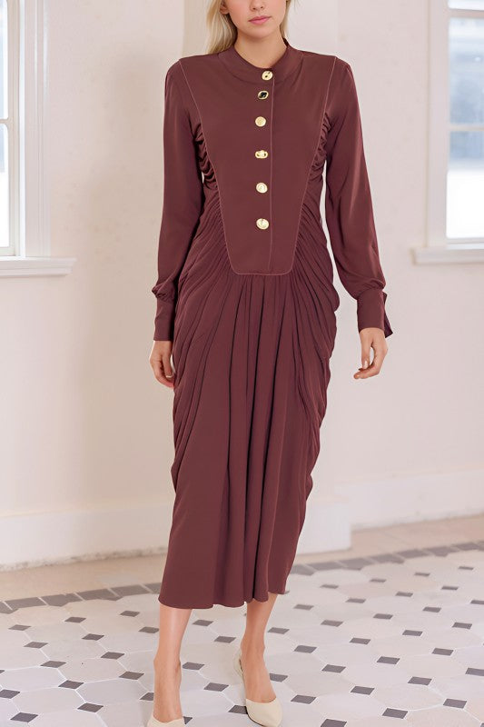 Draped Maxi Dress With Gold Buttons