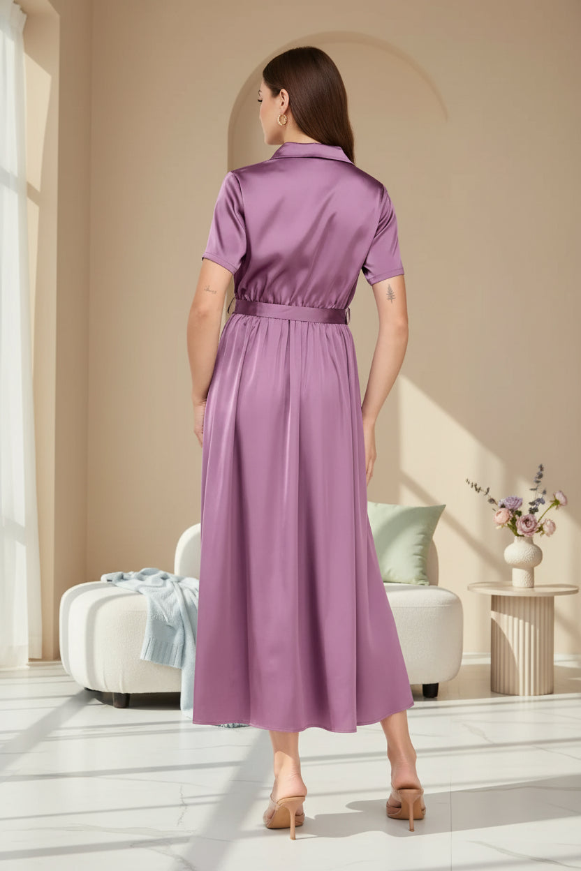 Satin Belted Midi Pleated Dress – Luxe Modest Edition
