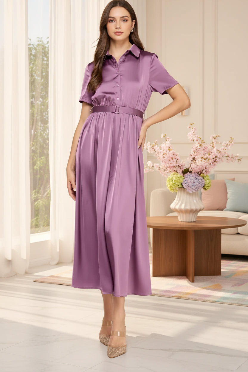 Satin Belted Midi Pleated Dress – Luxe Modest Edition