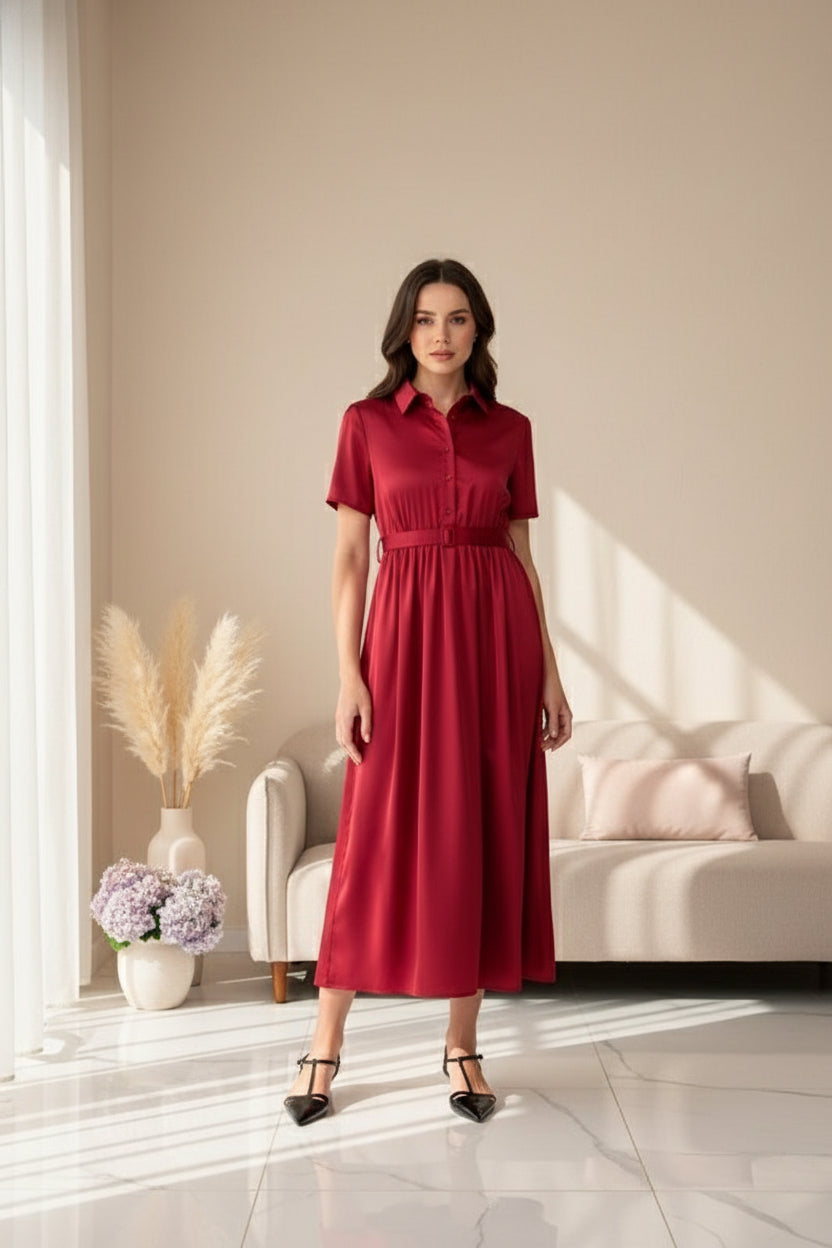 Satin Belted Midi Pleated Dress – Luxe Modest Edition