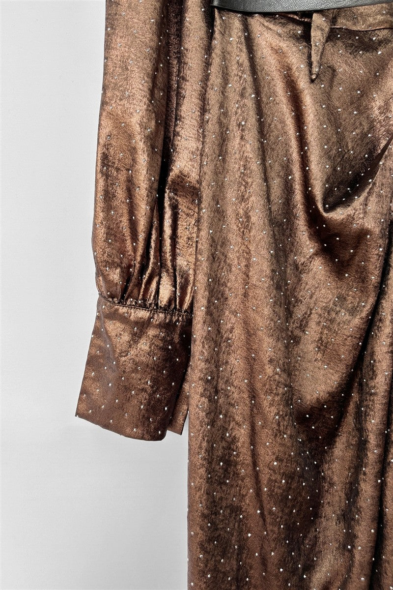 Rhinestone Satin Bow-Neck Maxi Dress