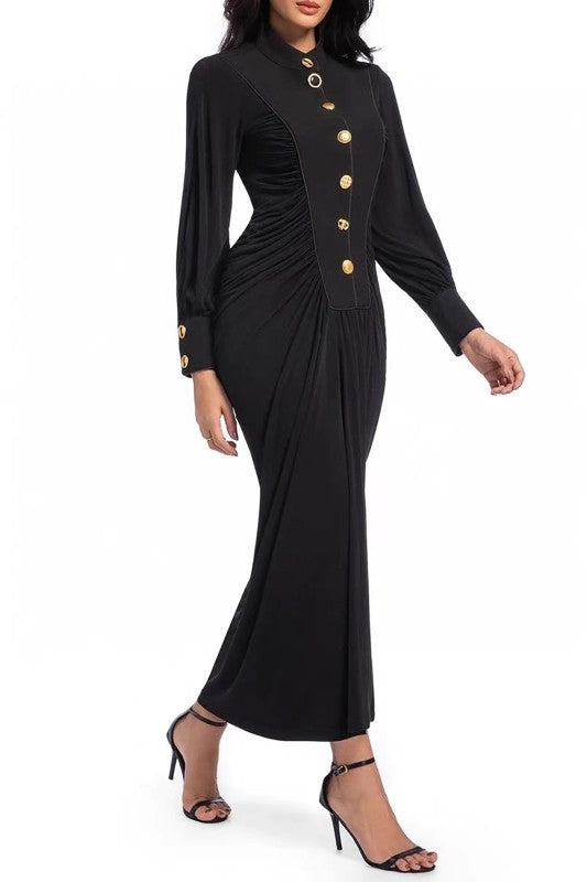 Draped Maxi Dress With Gold Buttons