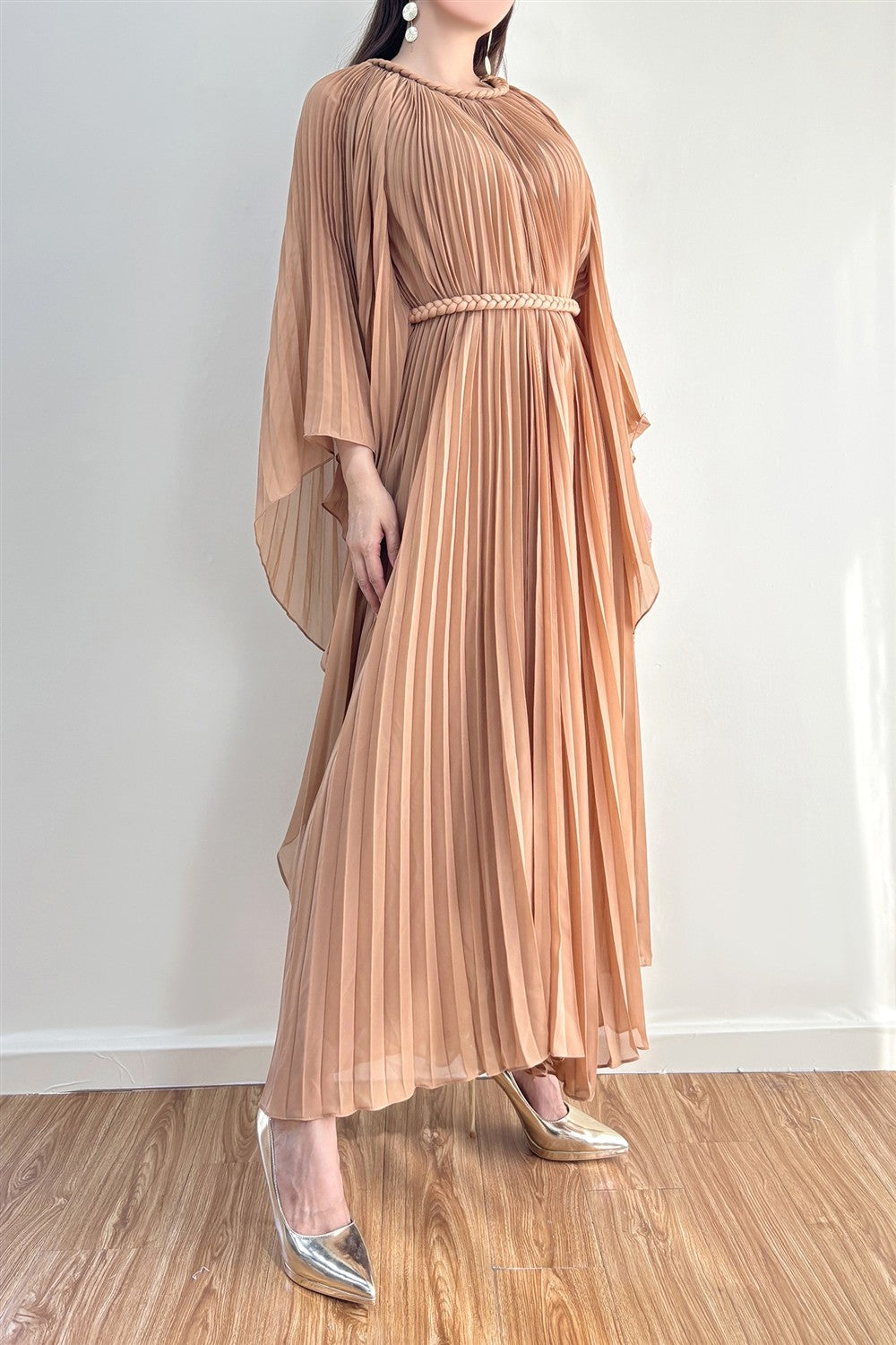 Celeste Pleated Cape Maxi Dress – Elegant Modest Silhouette