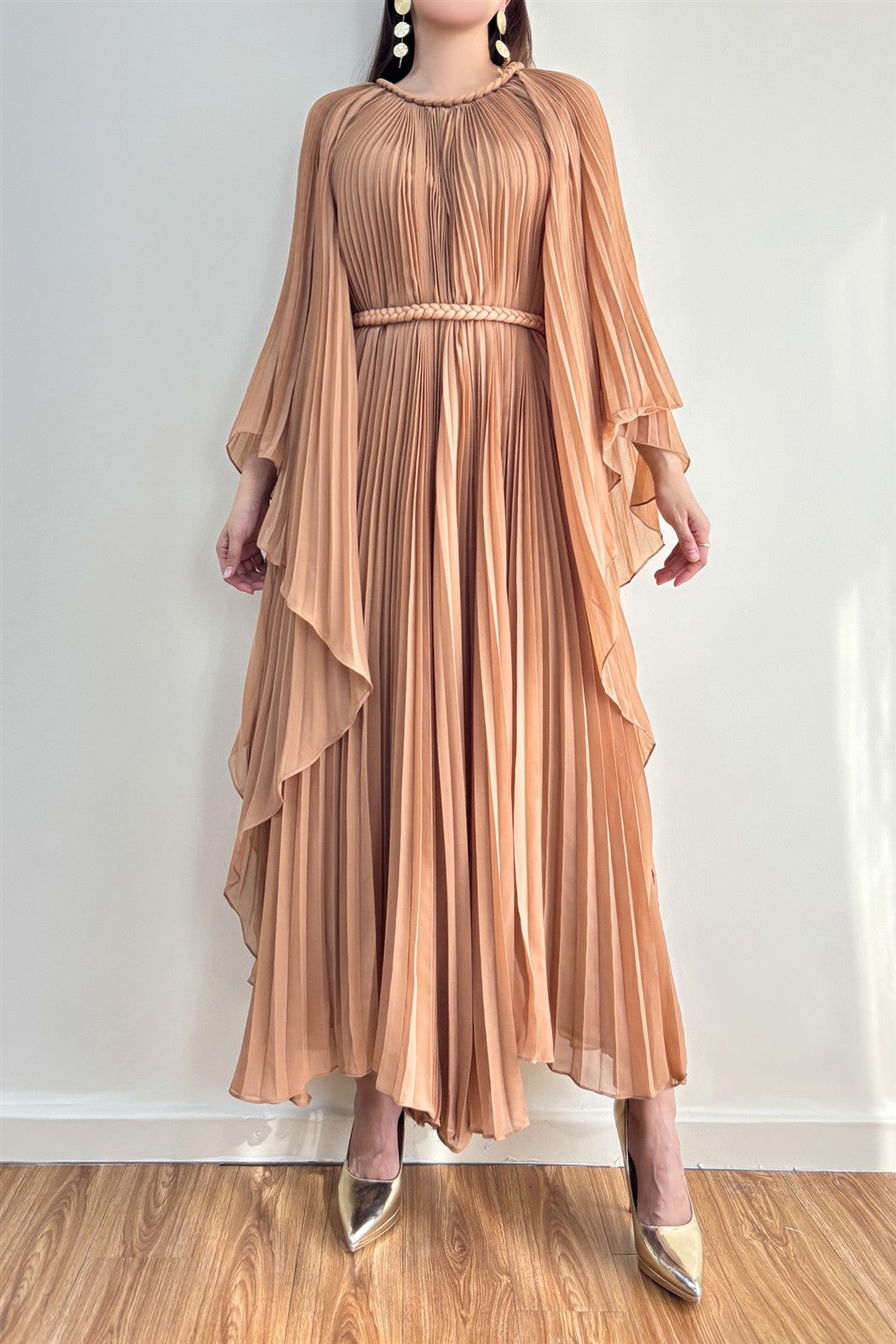 Celeste Pleated Cape Maxi Dress – Elegant Modest Silhouette