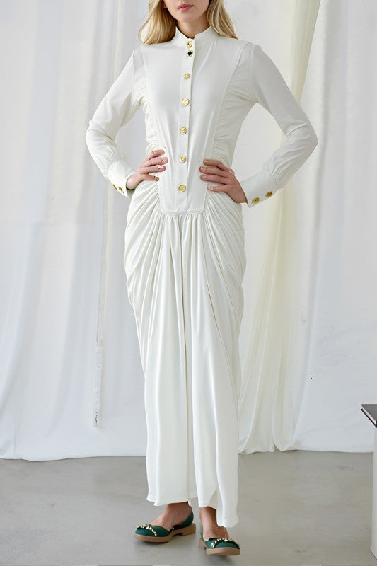 Draped Maxi Dress With Gold Buttons Draped Maxi Dress With Gold Buttons