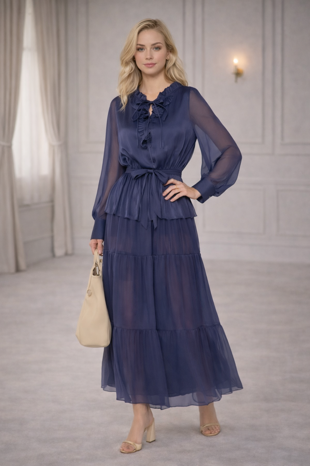 Tiered Pleated Chiffon Maxi Dress