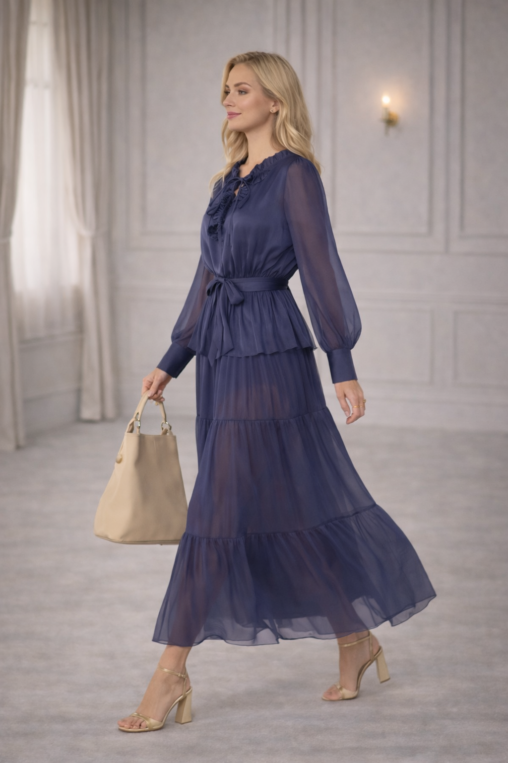 Tiered Pleated Chiffon Maxi Dress