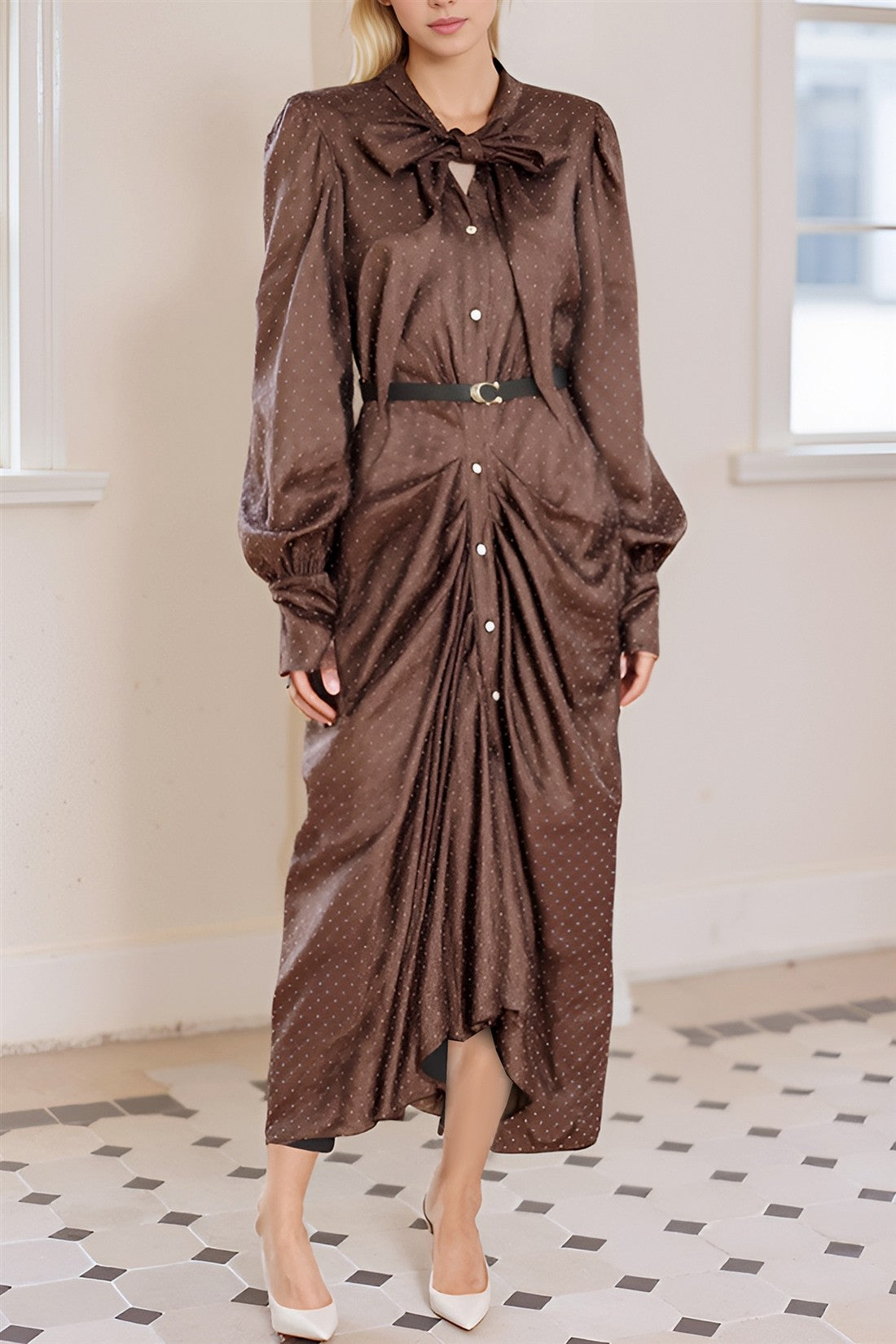 Rhinestone Satin Bow-Neck Maxi Dress