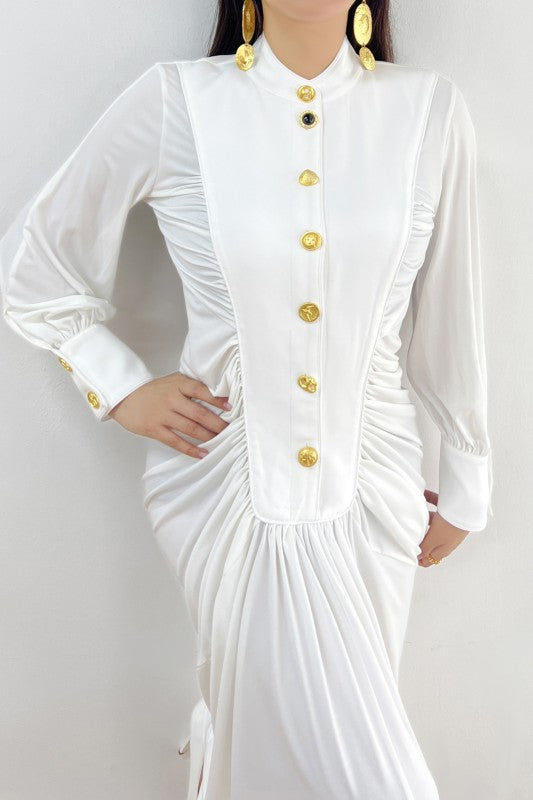 Draped Maxi Dress With Gold Buttons Draped Maxi Dress With Gold Buttons
