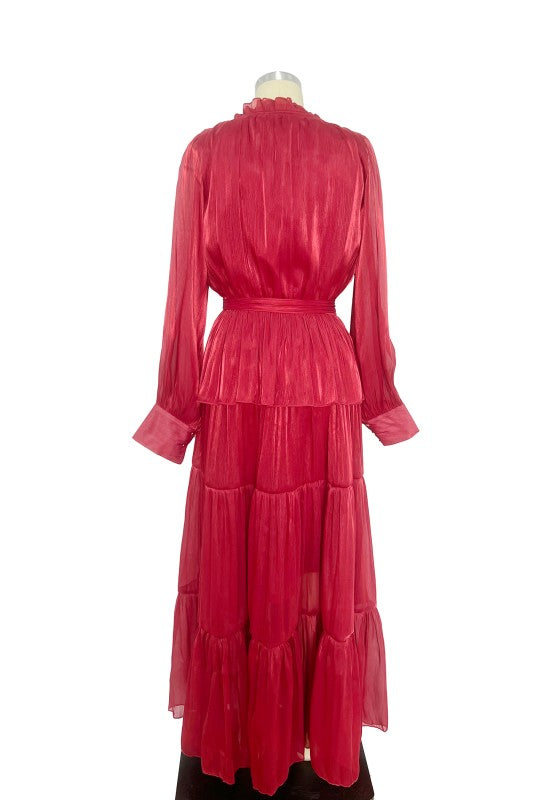 Tiered Pleated Chiffon Maxi Dress