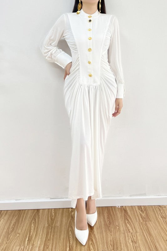 white dress with gold buttons Draped Maxi Dress With Gold Buttons