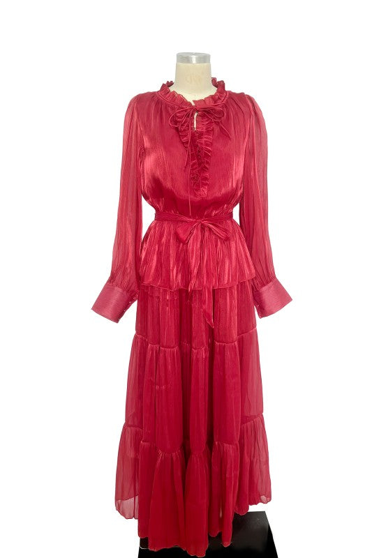 Tiered Pleated Chiffon Maxi Dress